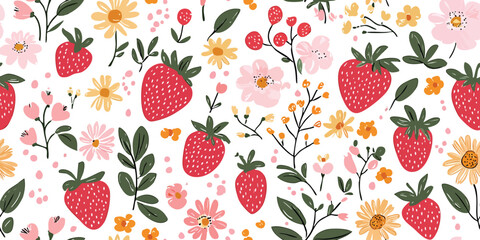 Watercolor seamless pattern with vintage strawberry branch with berries, leaves and flowers. Isolated on white
