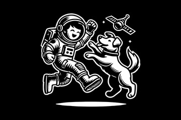 Astronaut in Space Suit with dog cartoon Black and White graphic design Illustration