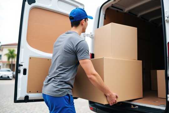 Young Male Delivery Driver Loading Brown Cardboard Boxes into a Moving Van at a Residential Location on a Sunny Day