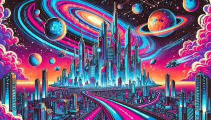 Obraz premium Futuristic pop-art city floating in space with neon-lit skyscrapers and glowing bridges
