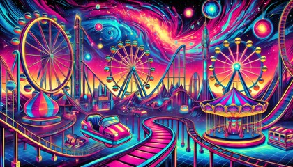 Futuristic pop art amusement park with neon lit roller coasters and glowing ferris wheels
