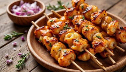 grilled chicken skewers with fresh herbs and chopped onions on wooden plate, rustic and flavorful barbecue dish