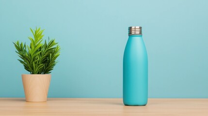 Stylish turquoise water bottle beside a small green plant on a wooden table with a pastel blue background, perfect for promoting hydration and eco friendliness