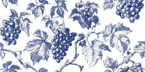 Blue Chinoiserie vector seamless pattern with Intricate Grape Vine Design in blue color and foliage reminiscent of classic Chinese porcelain art on white background
