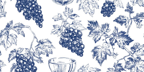 Blue Chinoiserie vector seamless pattern with Intricate Grape Vine Design in blue color and foliage reminiscent of classic Chinese porcelain art on white background