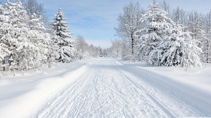 Fototapeta premium Snowy winter trail through forest; serene landscape