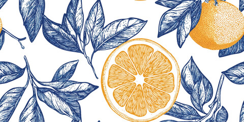Naklejka premium Seamless Pattern of Lemons with Santorini Blue and White, Greece designs. Blue, white patterns and floral motifs for textiles, wallpapers, home decor. Mediterranean style