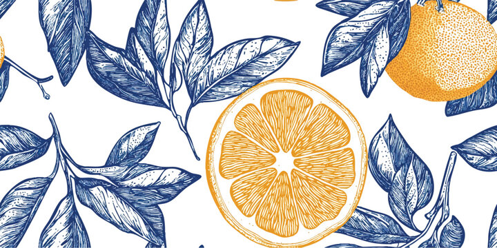Seamless Pattern of Lemons with Santorini Blue and White, Greece designs. Blue, white patterns and floral motifs for textiles, wallpapers, home decor. Mediterranean style