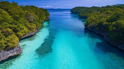 Serene turquoise waters and lush greenery create a stunning landscape in a remote tropical location