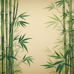 Obraz premium 正方形のベージュの和紙に描かれた和風の緑色の竹林のフレーム背景壁紙。コピースペースあり。aiで生成