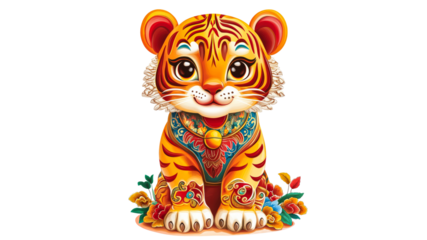 Colorful tiger illustration with floral accents