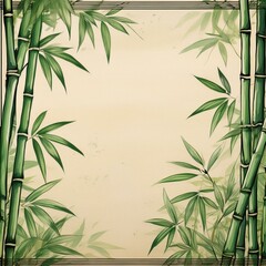 正方形のベージュの和紙に描かれた和風の緑色の竹林のフレーム背景壁紙。コピースペースあり。aiで生成