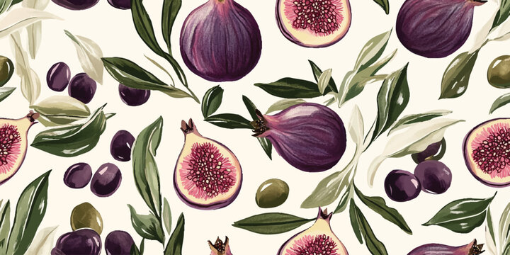 Hand drawn seamless pattern of tropical fig fruits and foliage featuring stylized purple ripe figs with leaves for textile design vector illustration