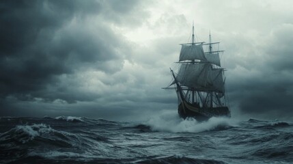 Fototapeta premium Historic sailing ship in a stormy sea; dramatic seascape; stock image