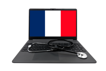 Laptop with France flag on screen and medical stethoscope on transparent background. French healthcare system concept