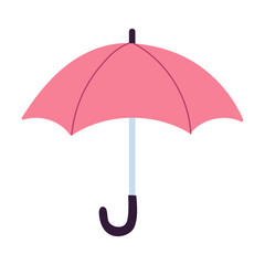 A pink umbrella with a silver handle. The umbrella is open and ready to be used. Concept of protection and warmth, as the umbrella is designed to shield its user from the elements