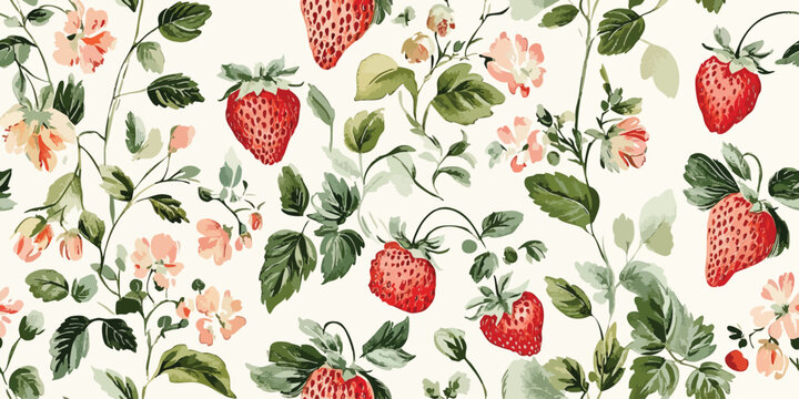 Watercolor seamless pattern with vintage strawberry branch with berries, leaves and flowers. Isolated on white