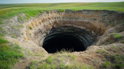 Large sinkhole in grassy plain.  Possible use for stock photo of geological phenomenon