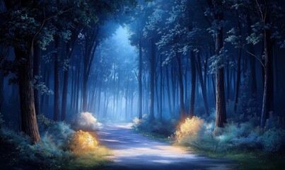 Obraz premium Experience an enchanting woodland where vibrant colors and luminous plants create a magical atmosphere under soft lighting