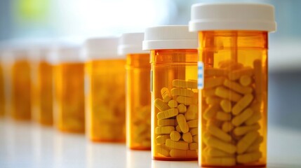 Multiple prescription medication bottles showcasing yellow pills arranged neatly on a counter
