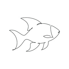 Hand drawn fish vector. One line continuous drawing. Cartoon linear illustration, minimal icon, abstract print, banner, card, poster, brochure, doodle, sign, outline symbol, sketch, silhouette