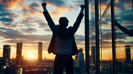 Silhouette of a businessman celebrating success against a vibrant city skyline at sunset