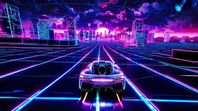 Futuristic neon cityscape with a retro car driving towards a glowing skyline. Low-angle view, reminiscent of 80s video game aesthetics.