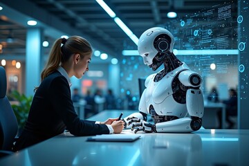 AI technology concept, Machine Learning, Meeting between Robot and Person, artificial intelligence technology