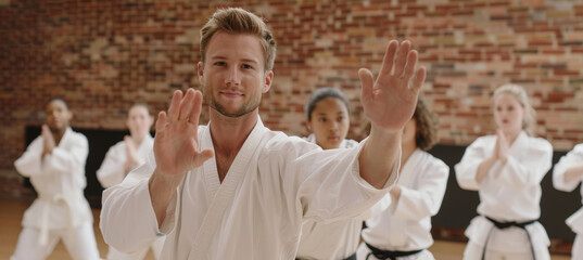 Martial Arts Class Focused on Self-Defense Techniques in a Modern Studio Setting