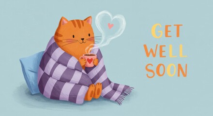 A get-well-soon card featuring a cute illustration of a cat wrapped in a blanket, holding a cup of tea, with Get Well Soon in bold letters