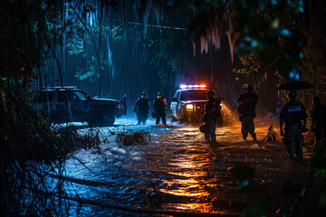 Emergency responders working at a night-time flood scene.
