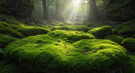 A lush, emerald-green moss carpet covering ancient stones in a mystical forest, glistening with morning dew