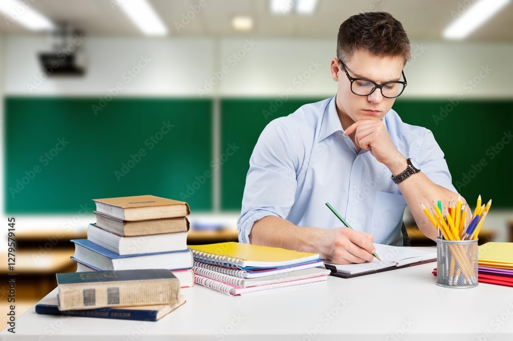 Wall mural Portrait smiling teacher man sit at desk in classroom.