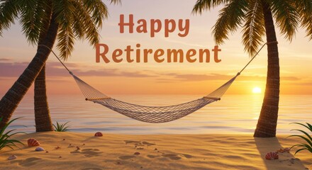 A retirement card with a beach scene, complete with palm trees and a hammock, with Happy Retirement in relaxed, stylish font