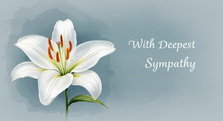 A sympathy card with a soft, watercolor illustration of a single white lily, and With Deepest Sympathy in delicate cursive