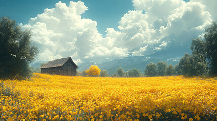 Idyllic Countryside: A Vibrant Field of Blooming Flowers Under a Cloud-Draped Sky