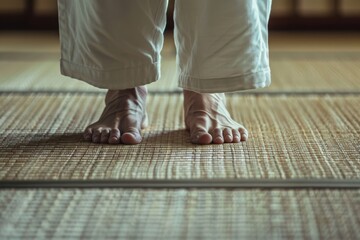 Martial Artist's Poised Stance on Tatami Mat Highlighting Balance and Precision