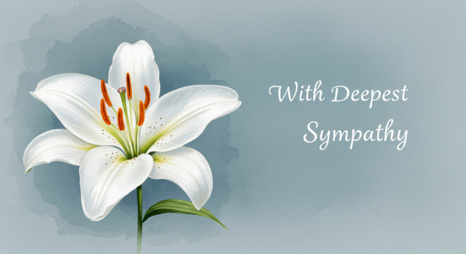 A sympathy card with a soft, watercolor illustration of a single white lily, and With Deepest Sympathy in delicate cursive