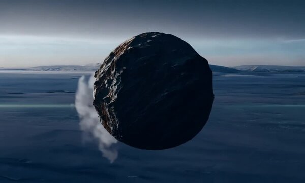 Mysterious Futuristic UFO Allien Sphere Hovering Over Icy Landscape with Smoke