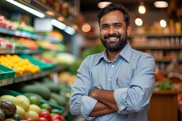 Fototapeta premium Smiling South Asian Man in Blue Shirt at Grocery Store Selling Fresh Fruits and Vegetables