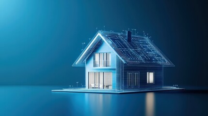 Futuristic house model showcasing solar panels and smart technology in a serene blue environment