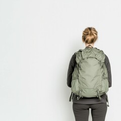 A young woman dressed in a stylish green hiking jacket, exuding confidence and joy while posing against a beautiful natural backdrop, perfect for outdoor adventure themes