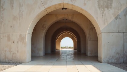 Naklejka premium Long corridor with arched doorways leading to light, concrete or stone walls and floor, creating a monumental and imposing look, symmetrical arches, deep perspective, light streaming through the exit