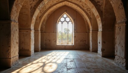 Obraz premium Empty arched hall with gothic window in church.