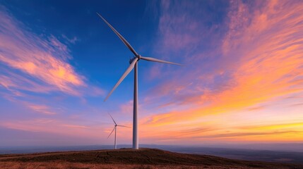 Fototapeta premium Wind turbines stand on a grassy hill under a vibrant sunset sky, generating clean renewable energy.