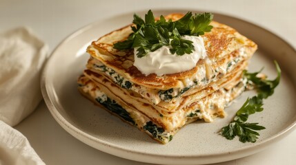 Stack of Savory Crepes with Herbs: a delectable stack of savory crepes, layered with creamy fillings and garnished with fresh herbs. Captured in a culinary shot, creating an appetizing image