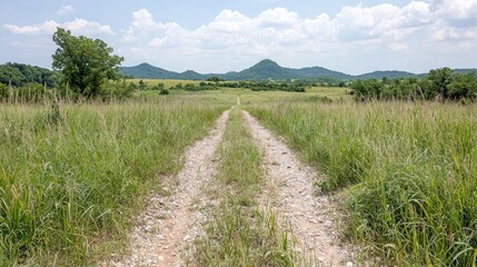 Obraz premium Country Road Through Tall Grass Field Leading to Hills
