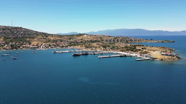 Eski Foca aerial drone view, a popular resort on the Aegean coast in Izmir, Turkey