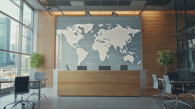 Modern office reception with world map background, overlooking city.  Possible use Stock photo