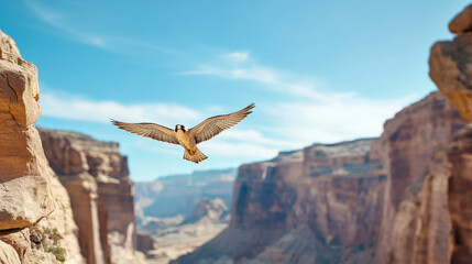 Fototapeta premium Majestic Peregrine Falcon Soaring in Clear Blue Sky Over Grand Canyon. Concept of wildlife, bird watching, nature, freedom in vast landscapes